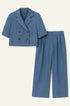 Completo giacca cropped a mezza manica e pantaloni ampi con doppia pinces Unica by Dorabella Denim-Taglia-Unica-Fino-alla-46