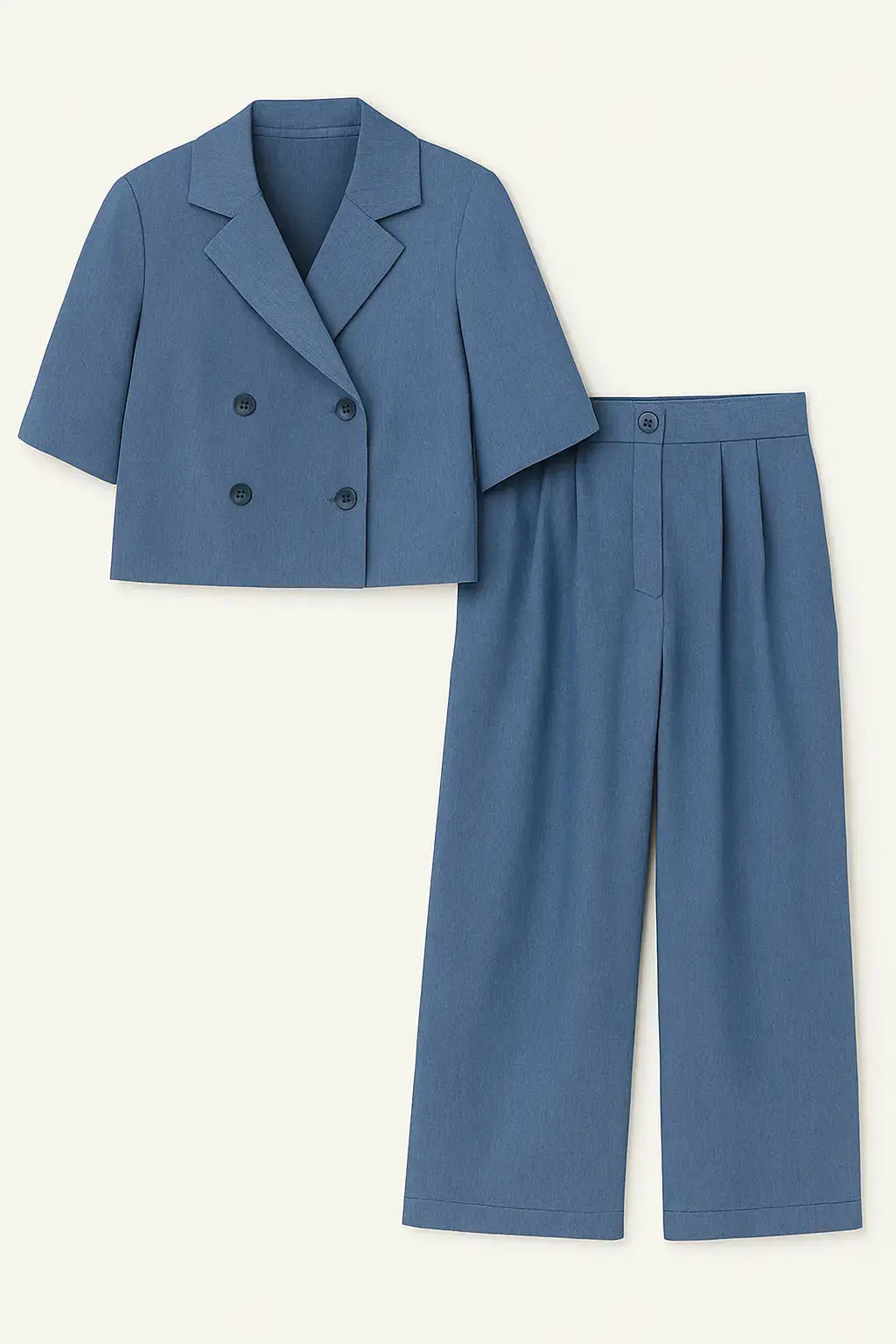 Completo giacca cropped a mezza manica e pantaloni ampi con doppia pinces Unica by Dorabella Denim-Taglia-Unica-Fino-alla-46