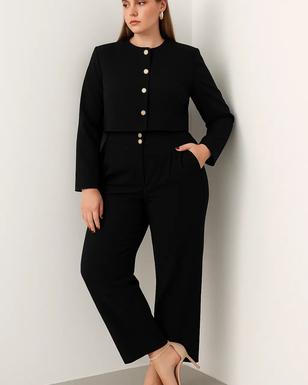 Completo giacca monopetto boxed fit e pantaloni palazzo con retro bustino elastico Unica by Dorabella