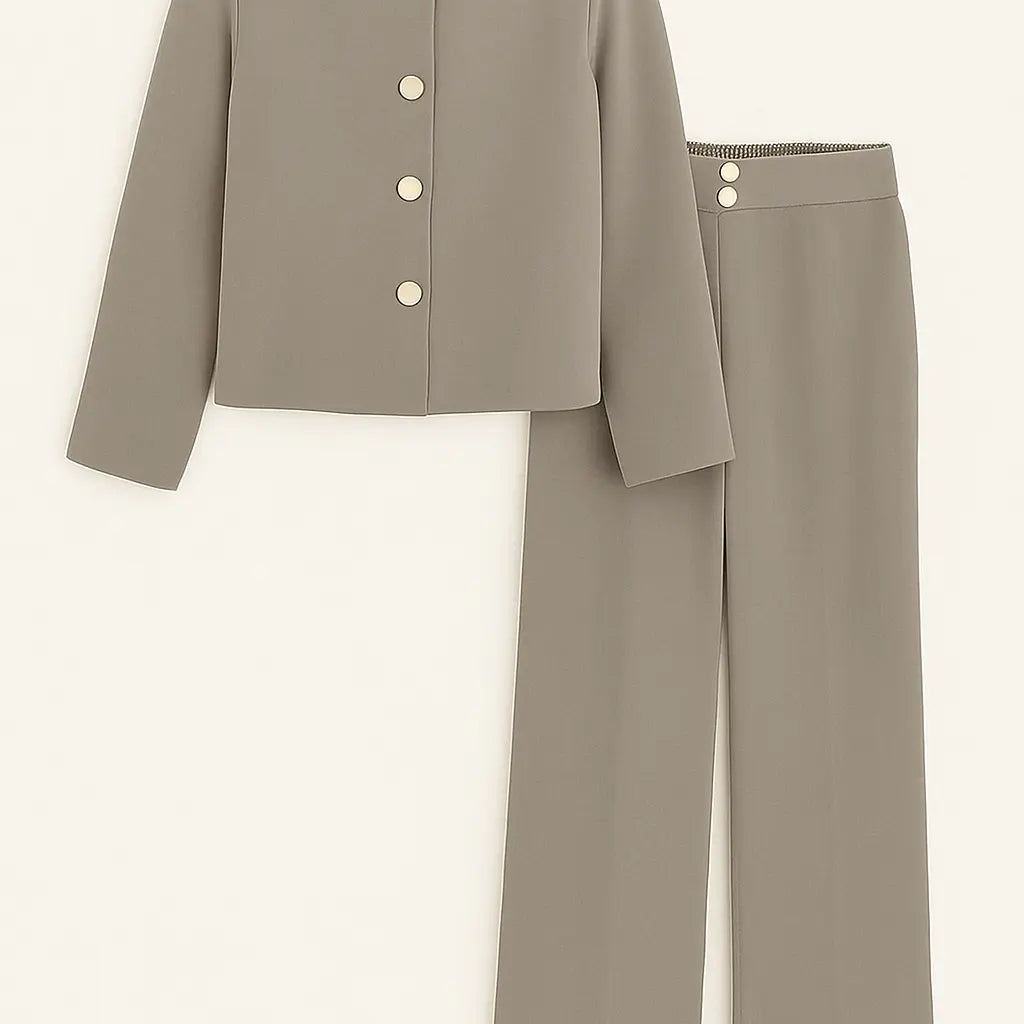 Completo giacca monopetto boxed fit e pantaloni palazzo con retro bustino elastico Unica by Dorabella Tortora-Taglia-Unica-Curvy-fino-alla-54