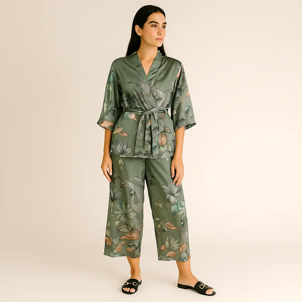 Completo in raso stampato con spolvero kimono e pantaloni palazzo Unica by Dorabella