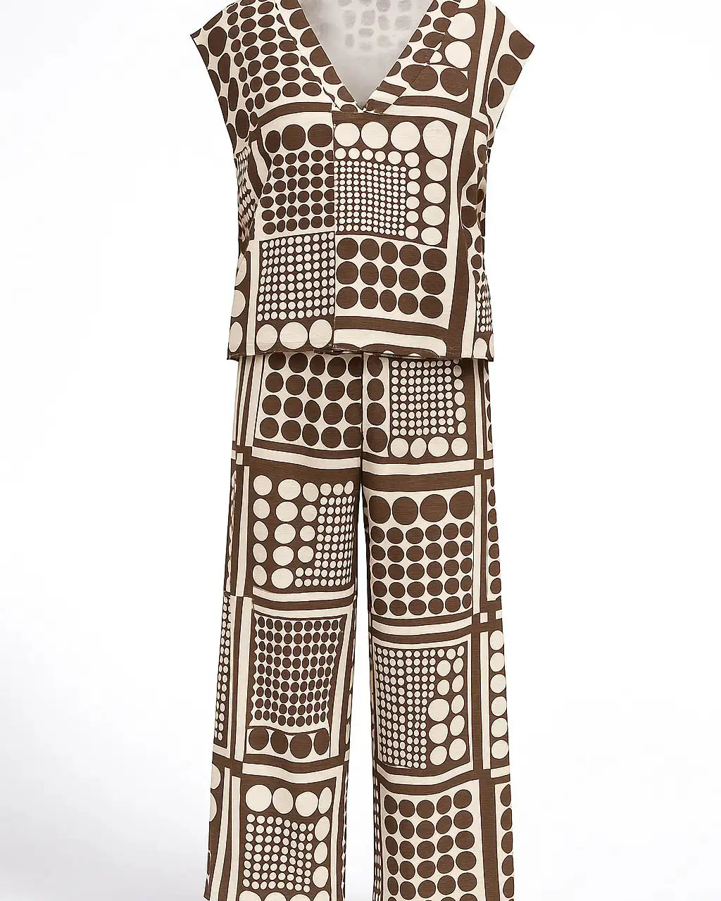 Completo coordinato stampato con blusa giromanica a scollo a V e pantaloni ampi Unica by Dorabella