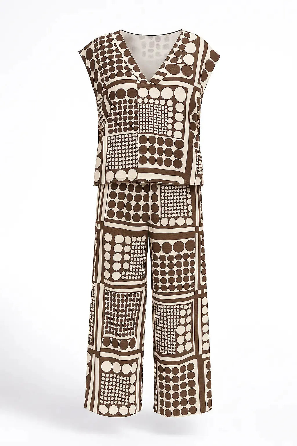 Completo coordinato stampato con blusa giromanica a scollo a V e pantaloni ampi Unica by Dorabella