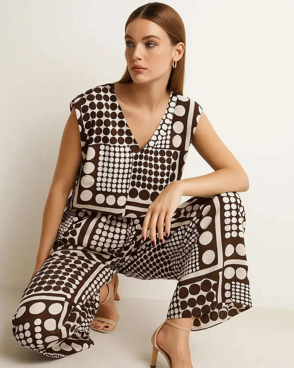 Completo oversize stampato con blusa giromanica a scollo a V e pantaloni ampi Unica by Dorabella