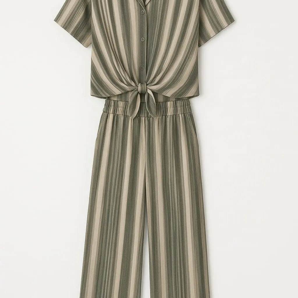 Completo stampato con camicia con nodo e pantaloni con bustino elastico Unica by Dorabella Militare-Taglia-Unica-Curvy-fino-alla-54