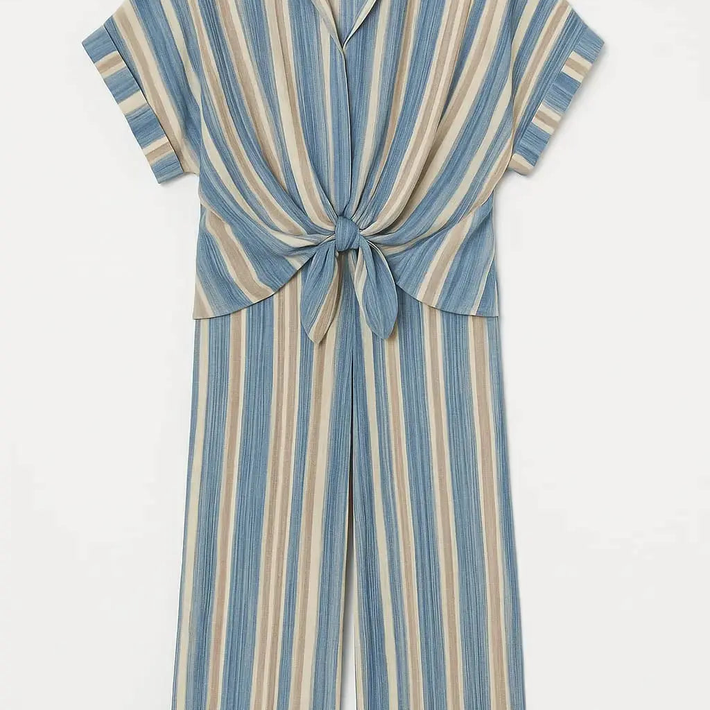 Completo stampato con camicia con nodo e pantaloni con bustino elastico Unica by Dorabella Azzurro-Polvere-Taglia-Unica-Curvy-fino-alla-54