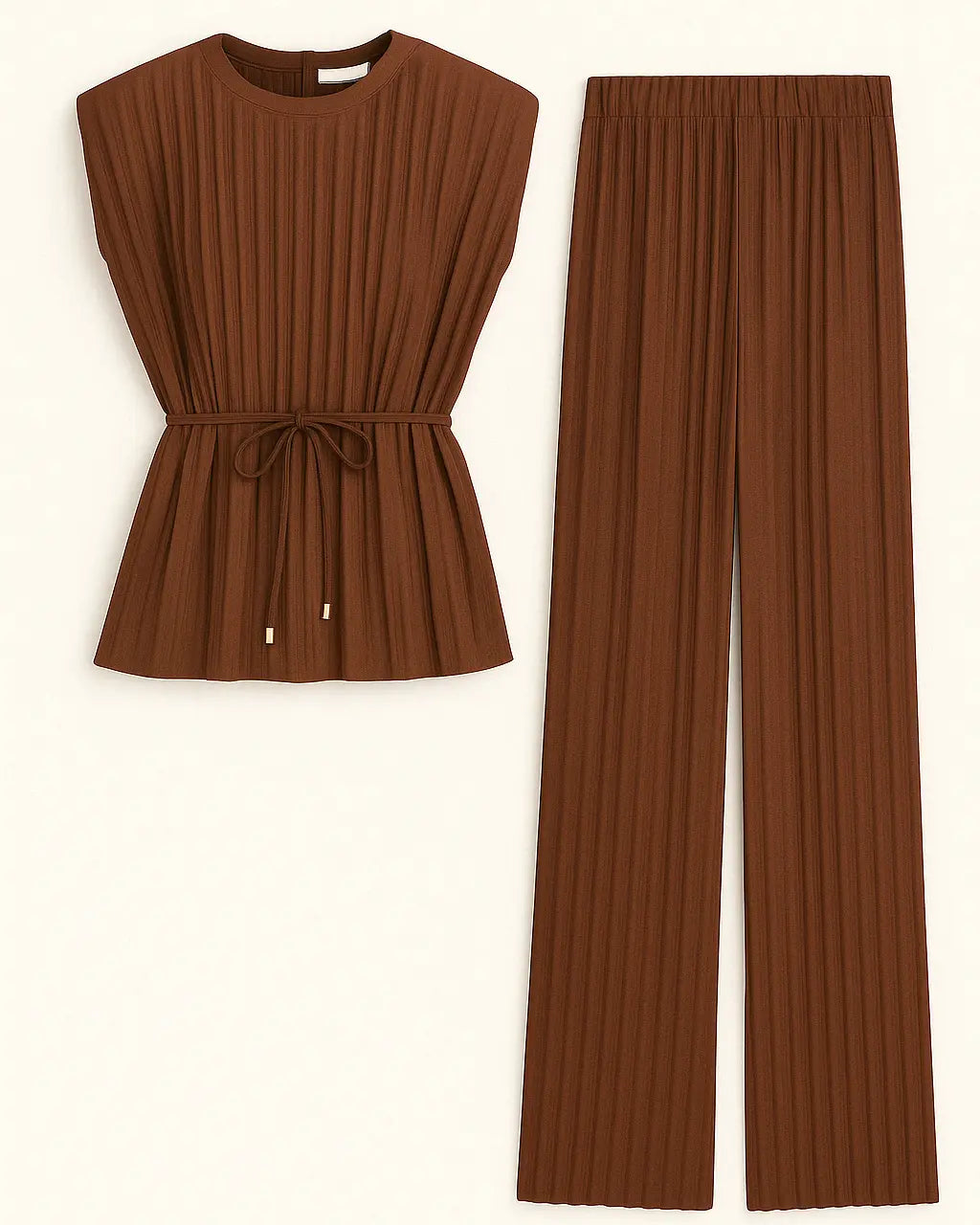 Completo top plissè con cintura e pantaloni a palazzo plissettati Unica by Dorabella Marrone-Taglia-Unica-Curvy-fino-alla-54
