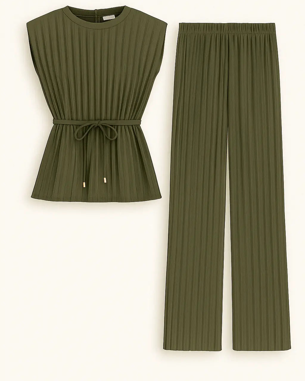 Completo top plissè con cintura e pantaloni a palazzo plissettati Unica by Dorabella Militare-Taglia-Unica-Curvy-fino-alla-54