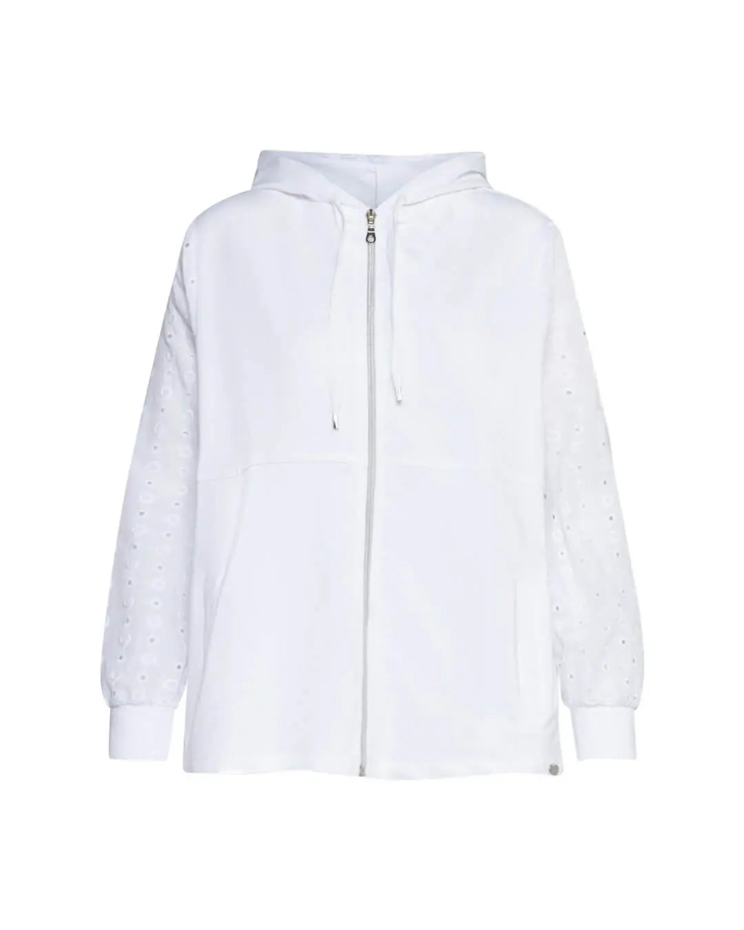 Felpa con zip e cappuccio in jersey di cotone elasticizzato con maniche in pizzo sangallo. BIANCO DORABELLA