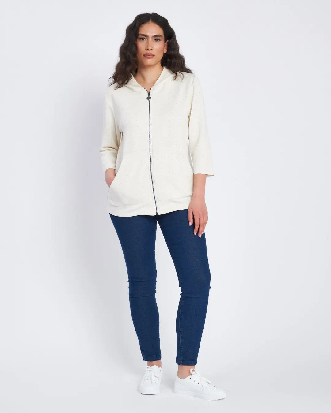 Felpa in modal con strass con cappuccio e tasche PANNA DORABELLA