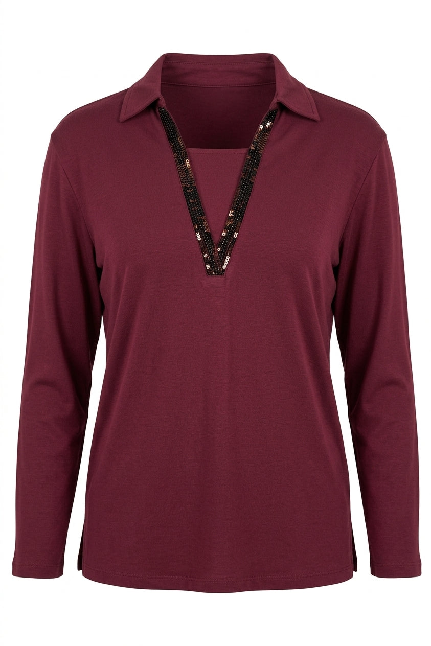 Maglia a maniche lunghe con scollo a V con inserto in paillettes tono su tono BURGUNDY