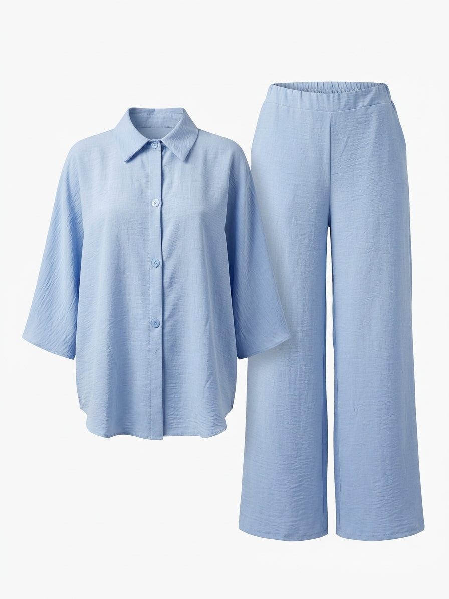 Completo con camicia bull collar, maniche mantella e pantalone comodo