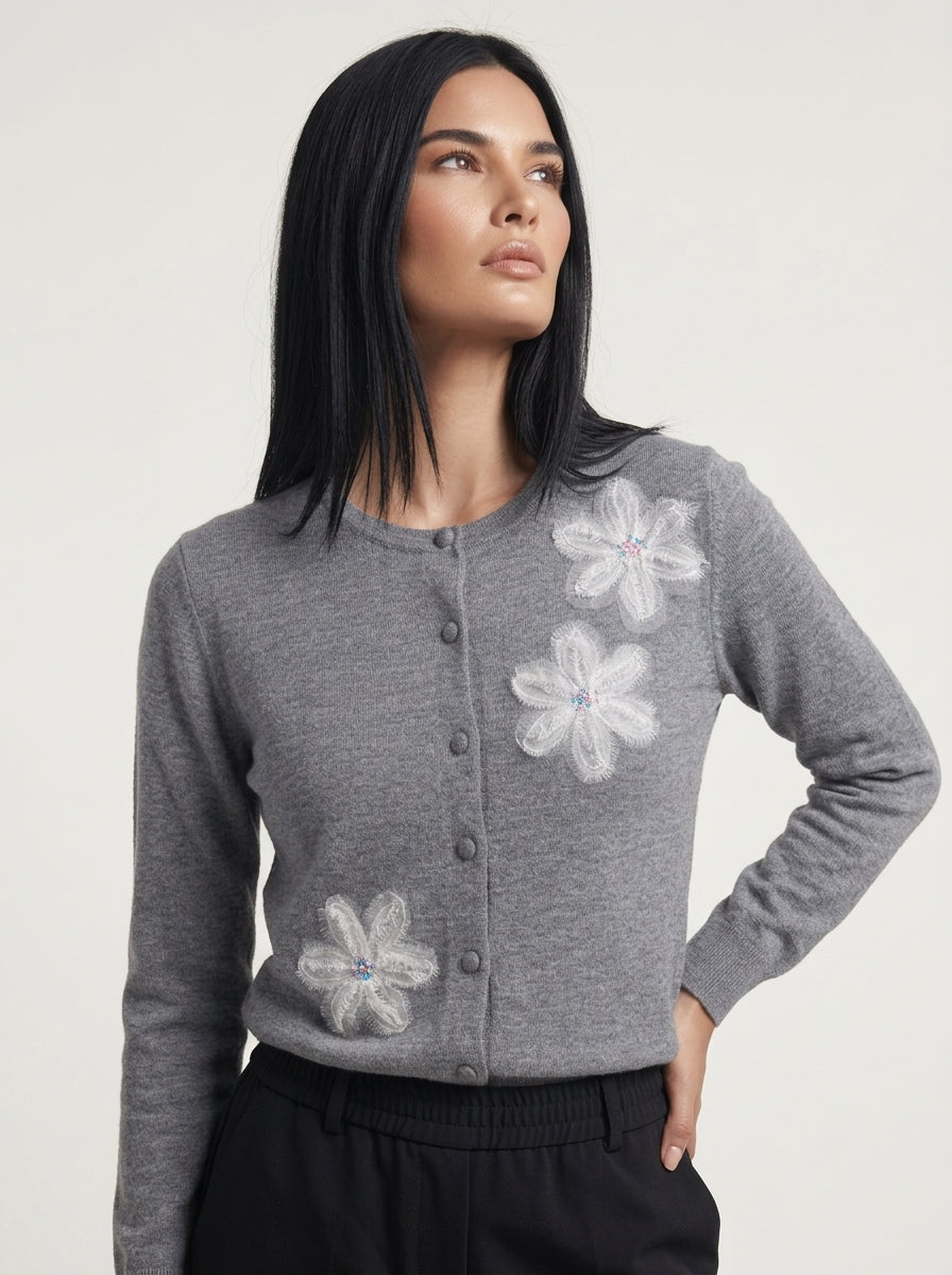 Cardigan girocollo con fiori