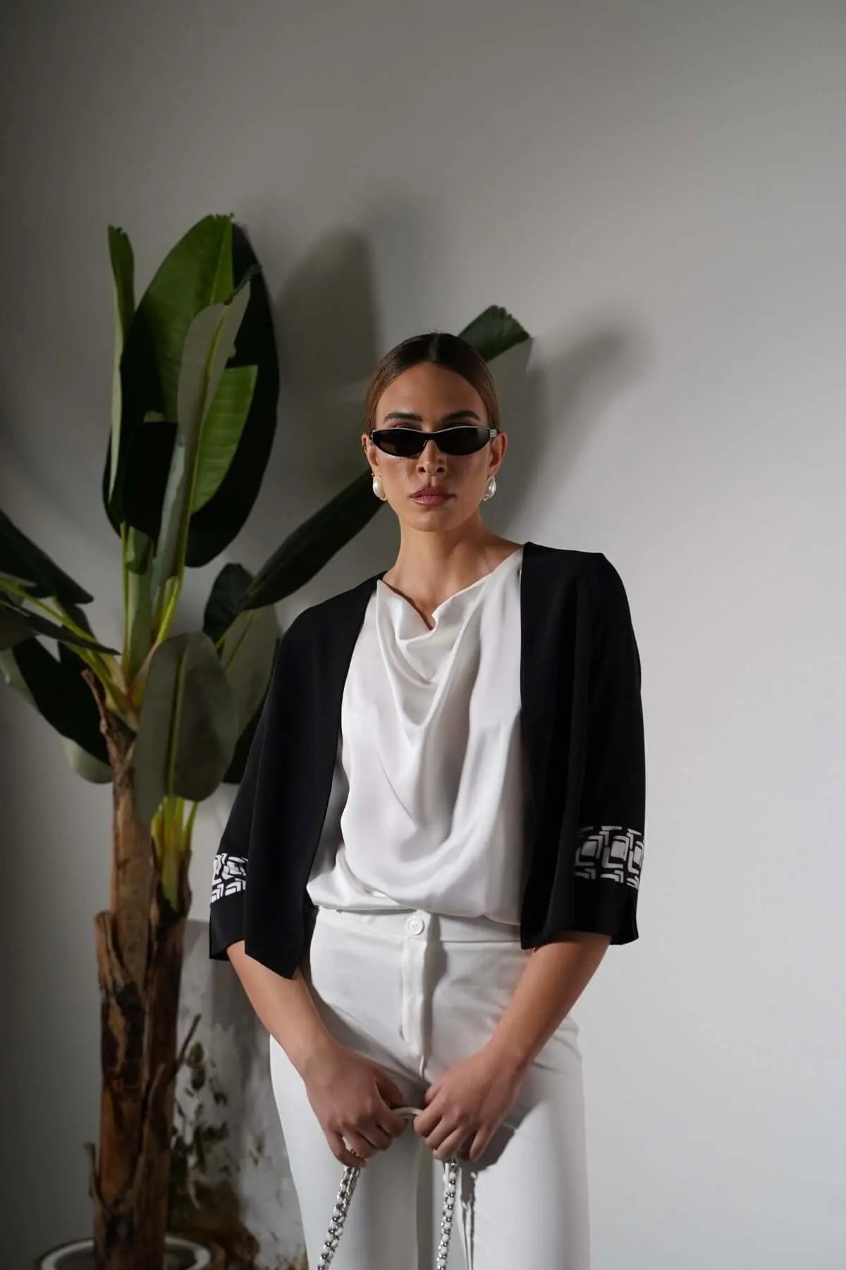 Giacca bolerino in cady unito con inserti fantasia Optical NERO DORABELLA