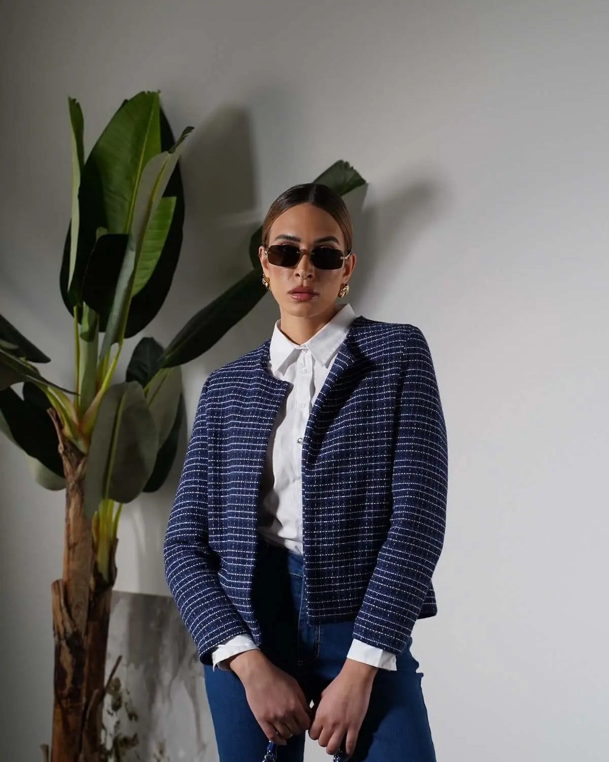 Giacca girocollo in tweed di misto cotone bi-colore BLU DORABELLA