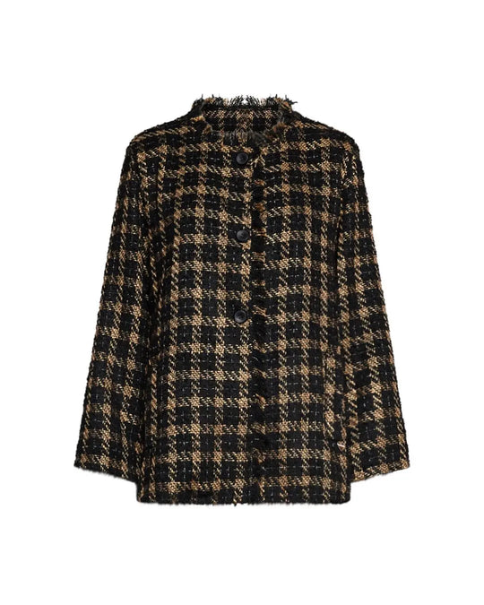 Giacca monopetto in tweed di misto viscosa bicolore con orli sfrangiati. NERO DORABELLA PIU'