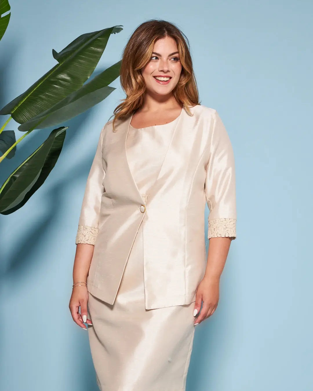 Giacca monopetto senza collo in shantung con inserto in pizzo sul fondo manica CHAMPAGNE DORABELLA COUTURE