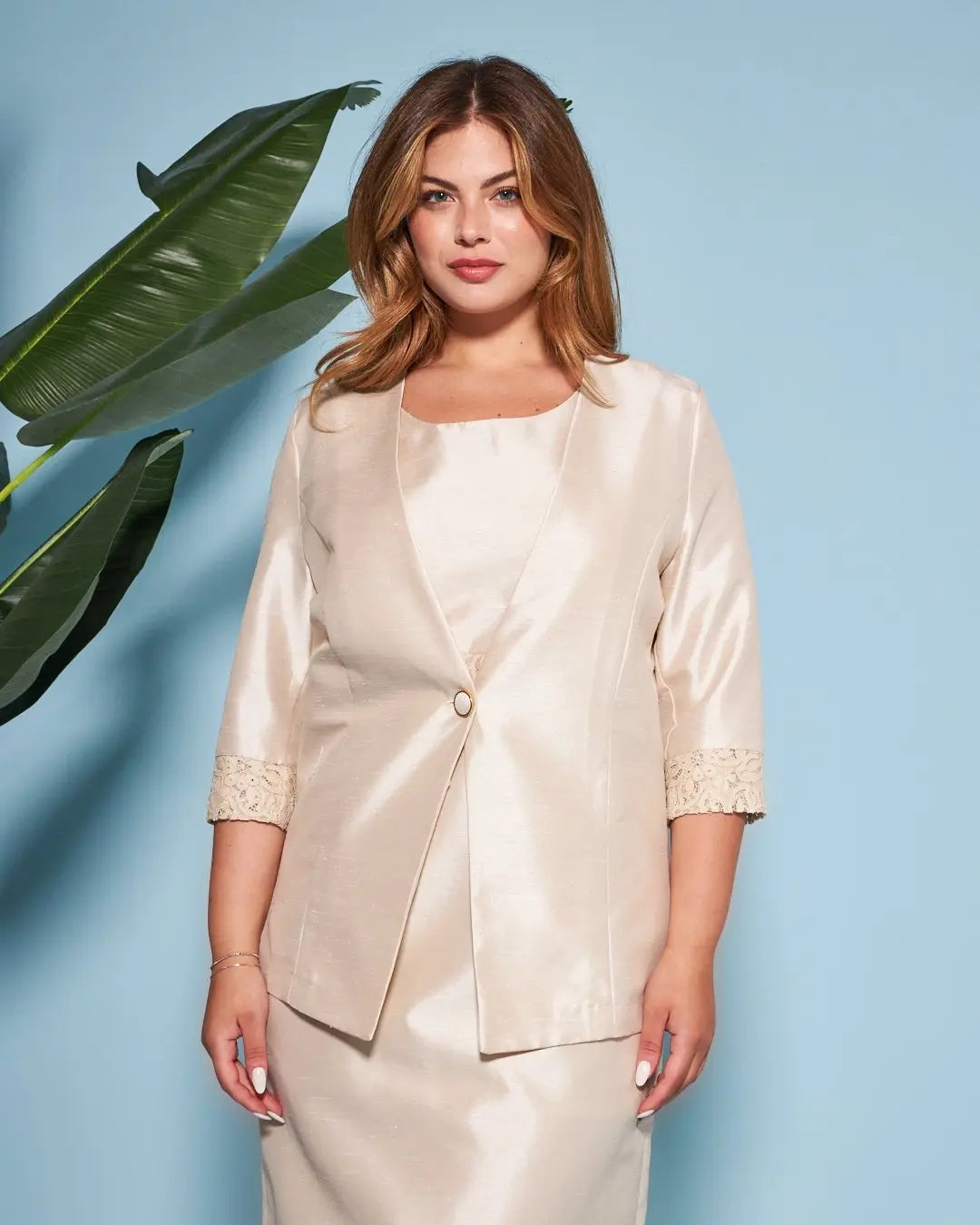 Giacca monopetto senza collo in shantung con inserto in pizzo sul fondo manica CHAMPAGNE DORABELLA COUTURE