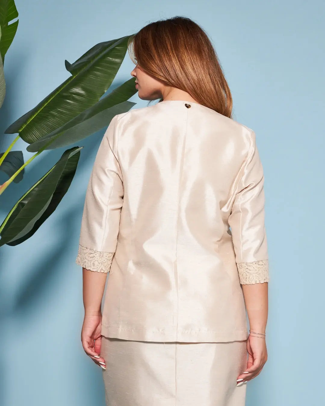 Giacca monopetto senza collo in shantung con inserto in pizzo sul fondo manica CHAMPAGNE DORABELLA COUTURE