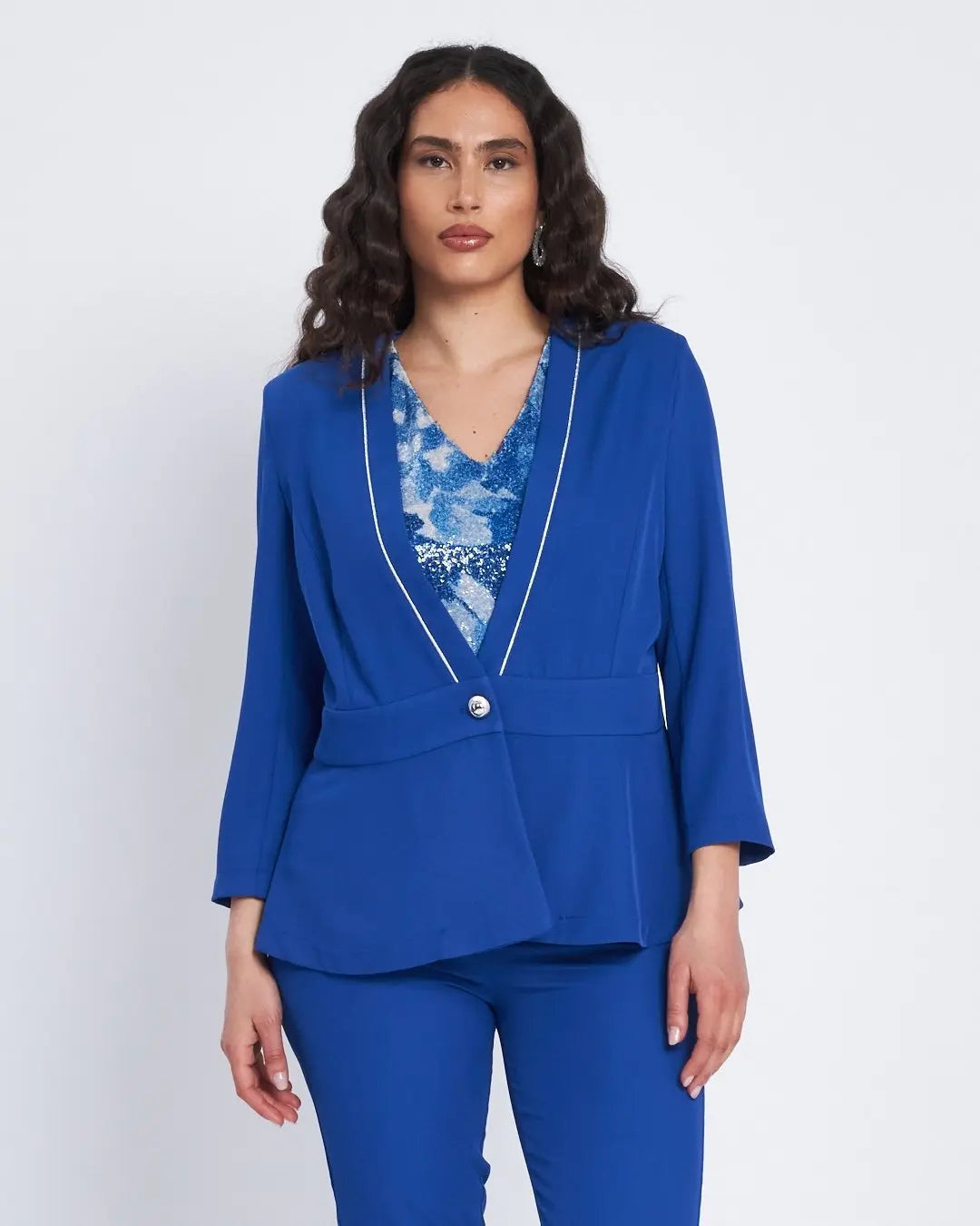 Giacca senza collo con baschina e piping BLU CHINA DORABELLA