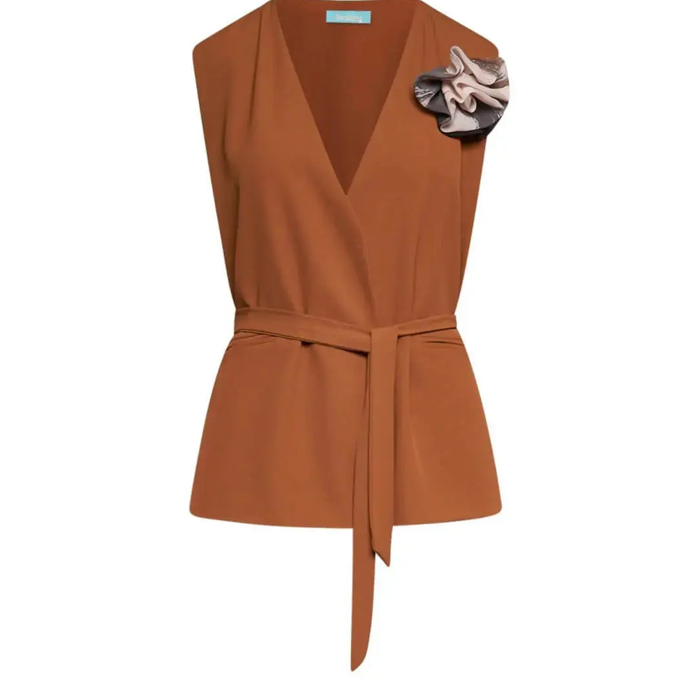 Gilet in crêpe elasticizzato tinta unita con cintura in vita e spilla con fantasia floreale astratt NOCE DORABELLA