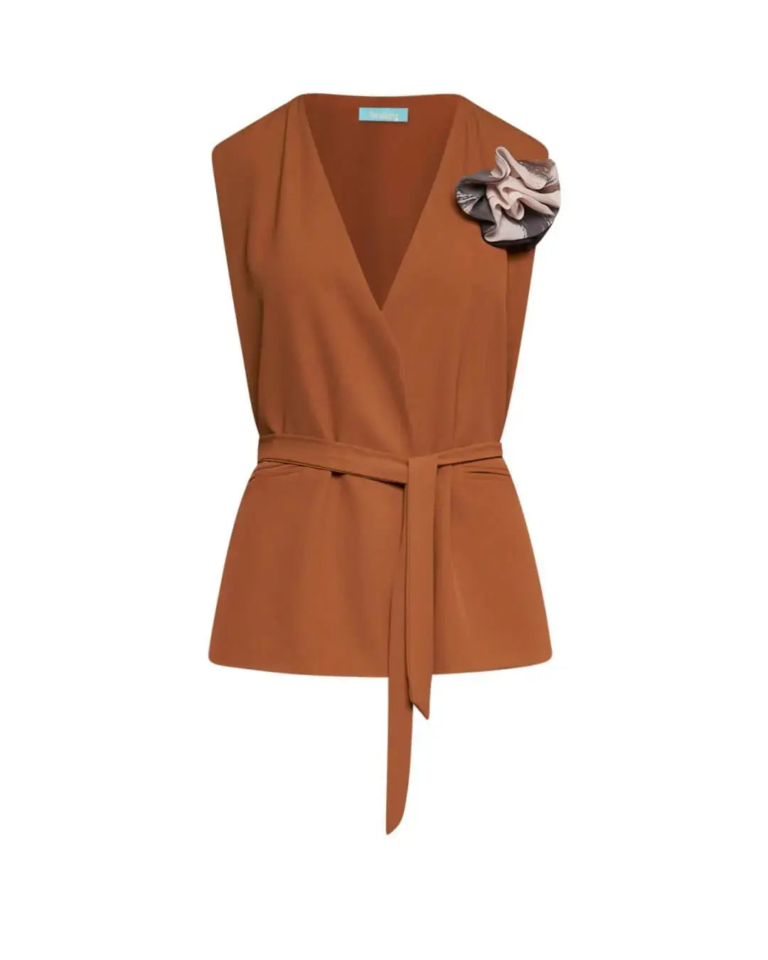 Gilet in crêpe elasticizzato tinta unita con cintura in vita e spilla con fantasia floreale astratt NOCE DORABELLA