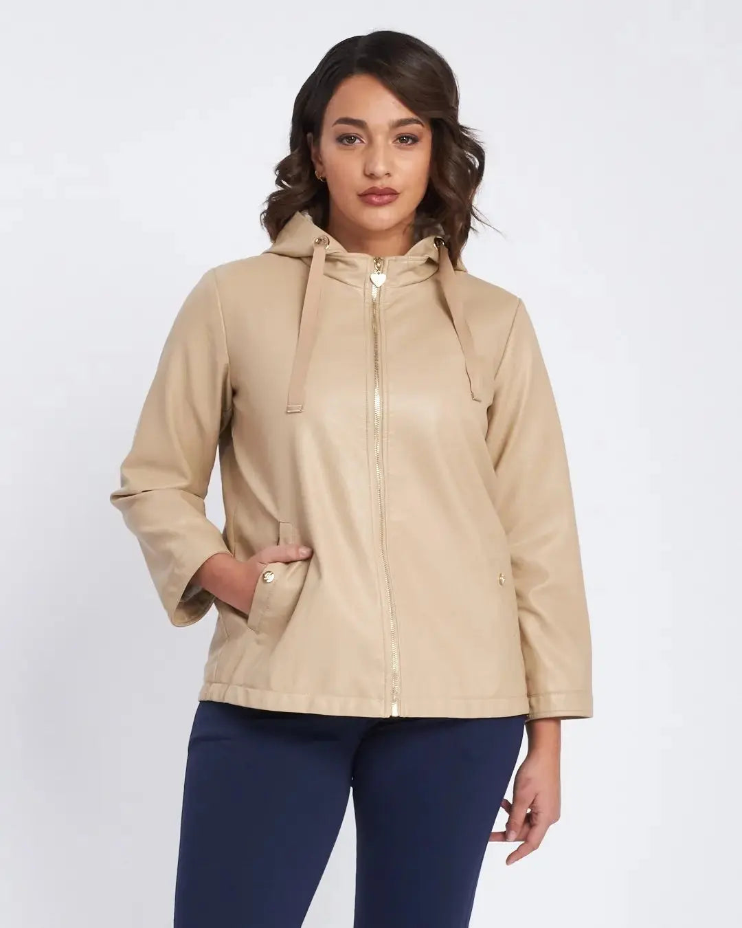 Giubbino in ecopelle con cappuccio e tasche BEIGE DORABELLA XXL