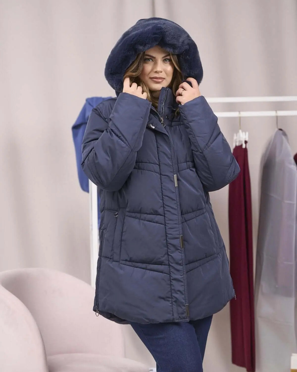 Giubbotto trapuntato con cappuccio ed ecopelliccia LIGHT BLUE DORABELLA PIU'