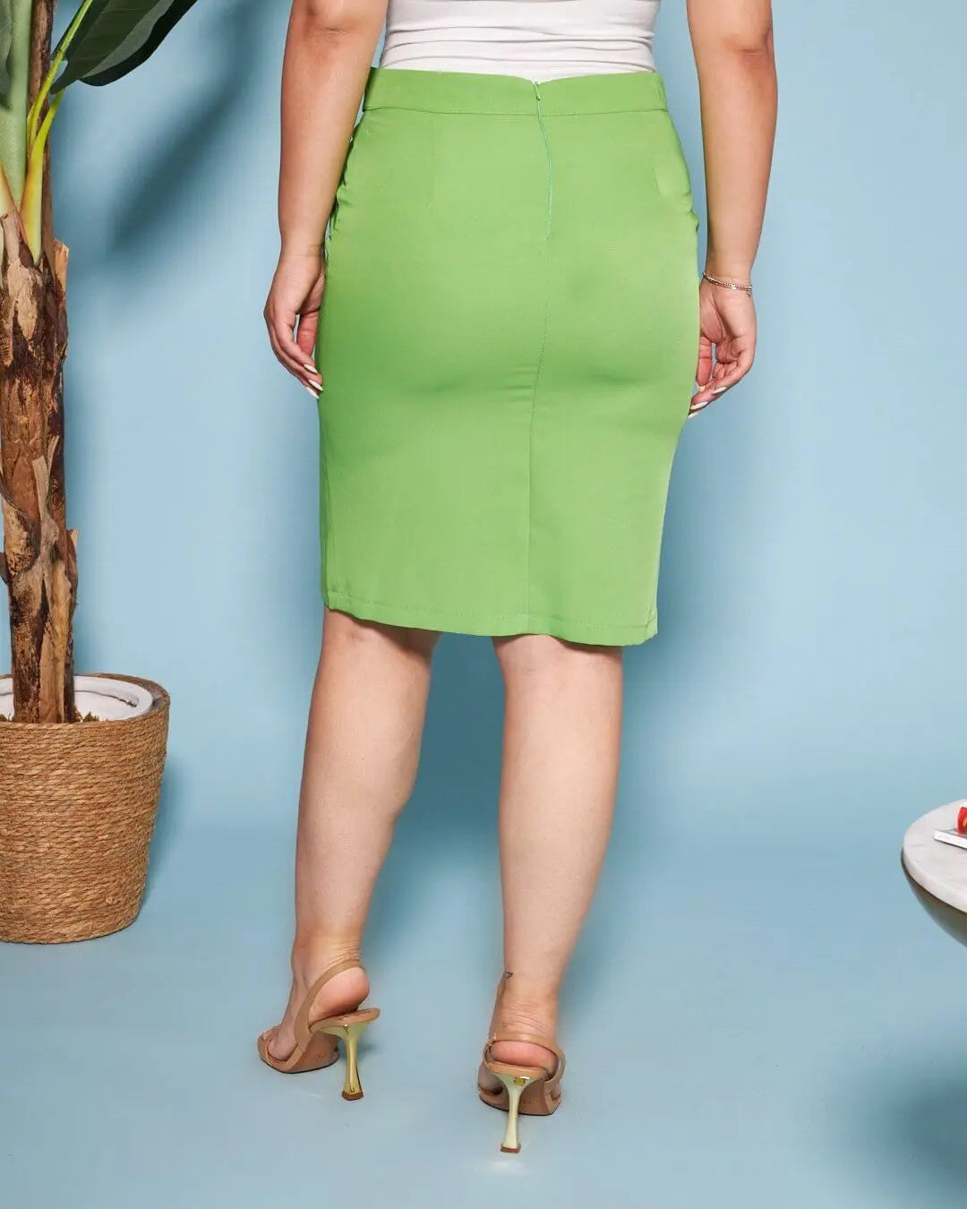 Gonna in cady elasticizzato tinta unita con cinturini in vita. VERDE ACIDO DORABELLA