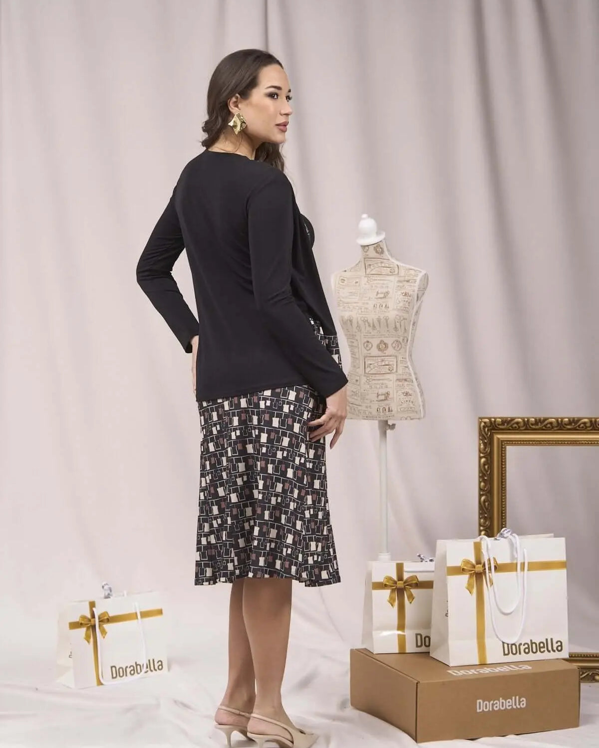 Gonna longuette svasata a fantasia NERO DORABELLA