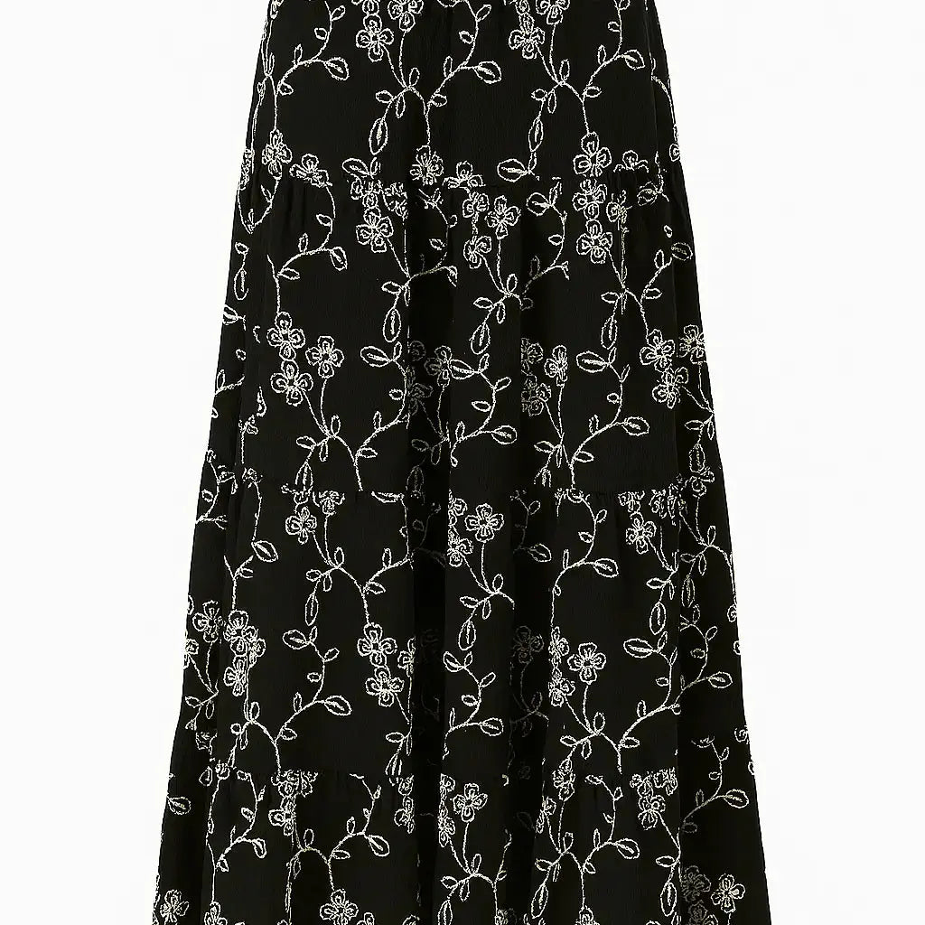 Gonna lunga a balze con bustino elasticizzato in cotone ricamato DORABELLA Nero-XXL