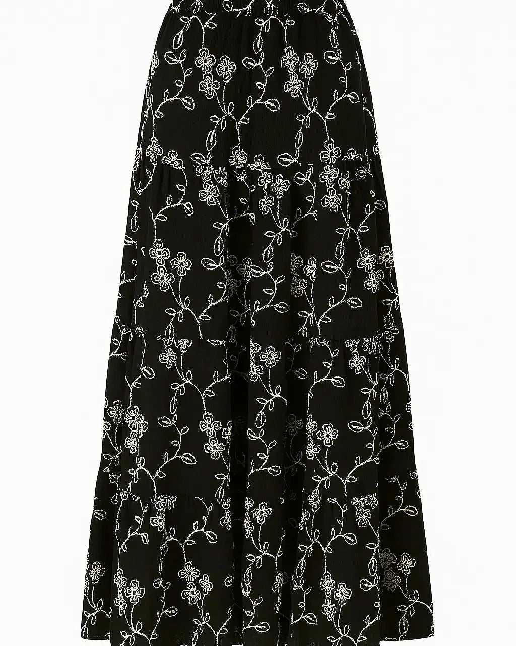 Gonna lunga a balze con bustino elasticizzato in cotone ricamato DORABELLA Nero-XXL
