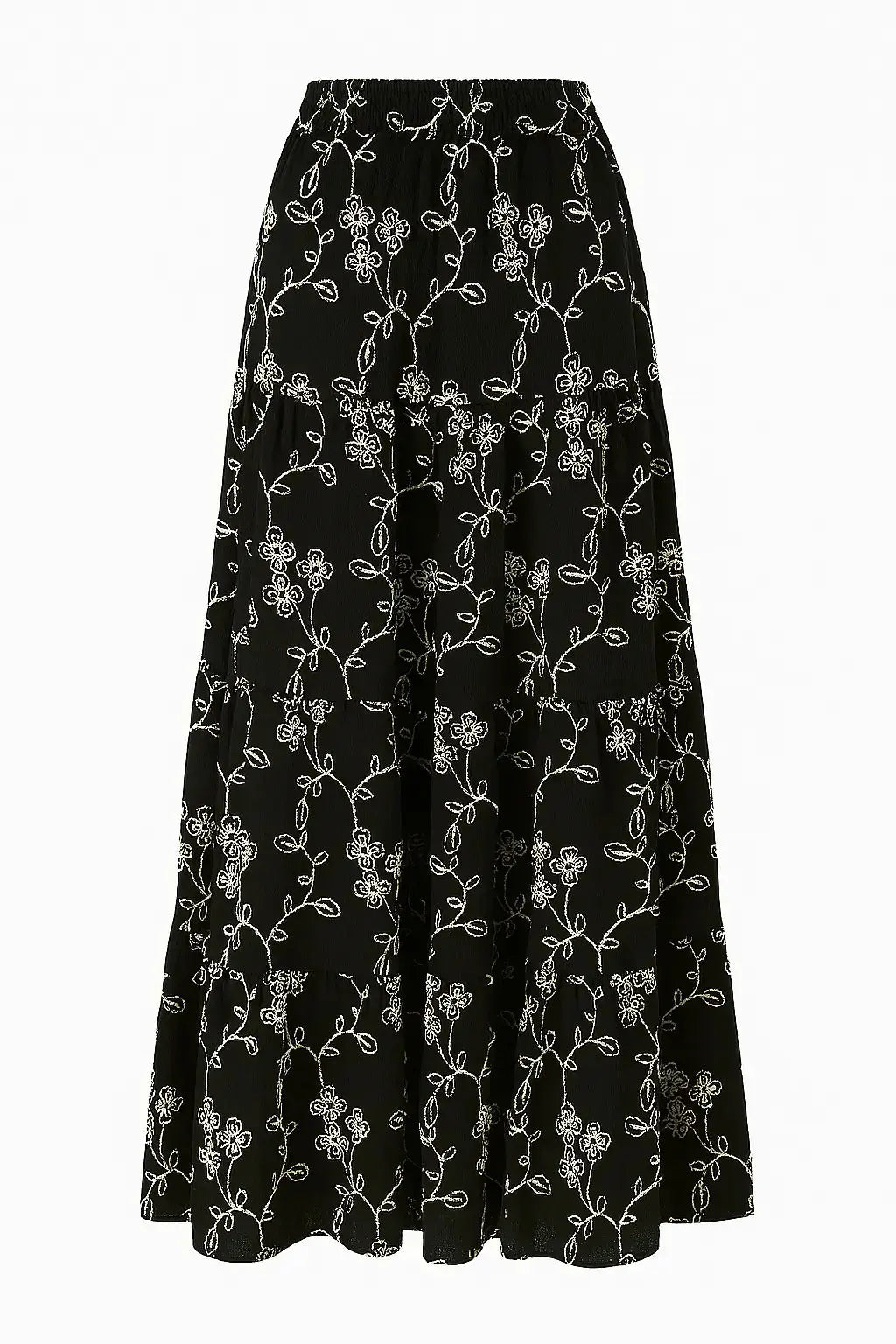 Gonna lunga a balze con bustino elasticizzato in cotone ricamato DORABELLA Nero-XXL