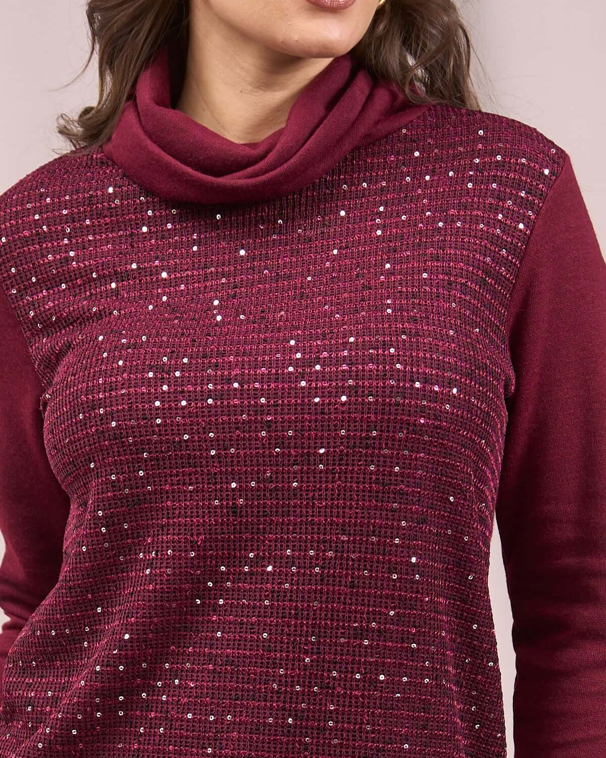 Maglia a collo alto con paillettes ricamate BORDEAUX DORABELLA