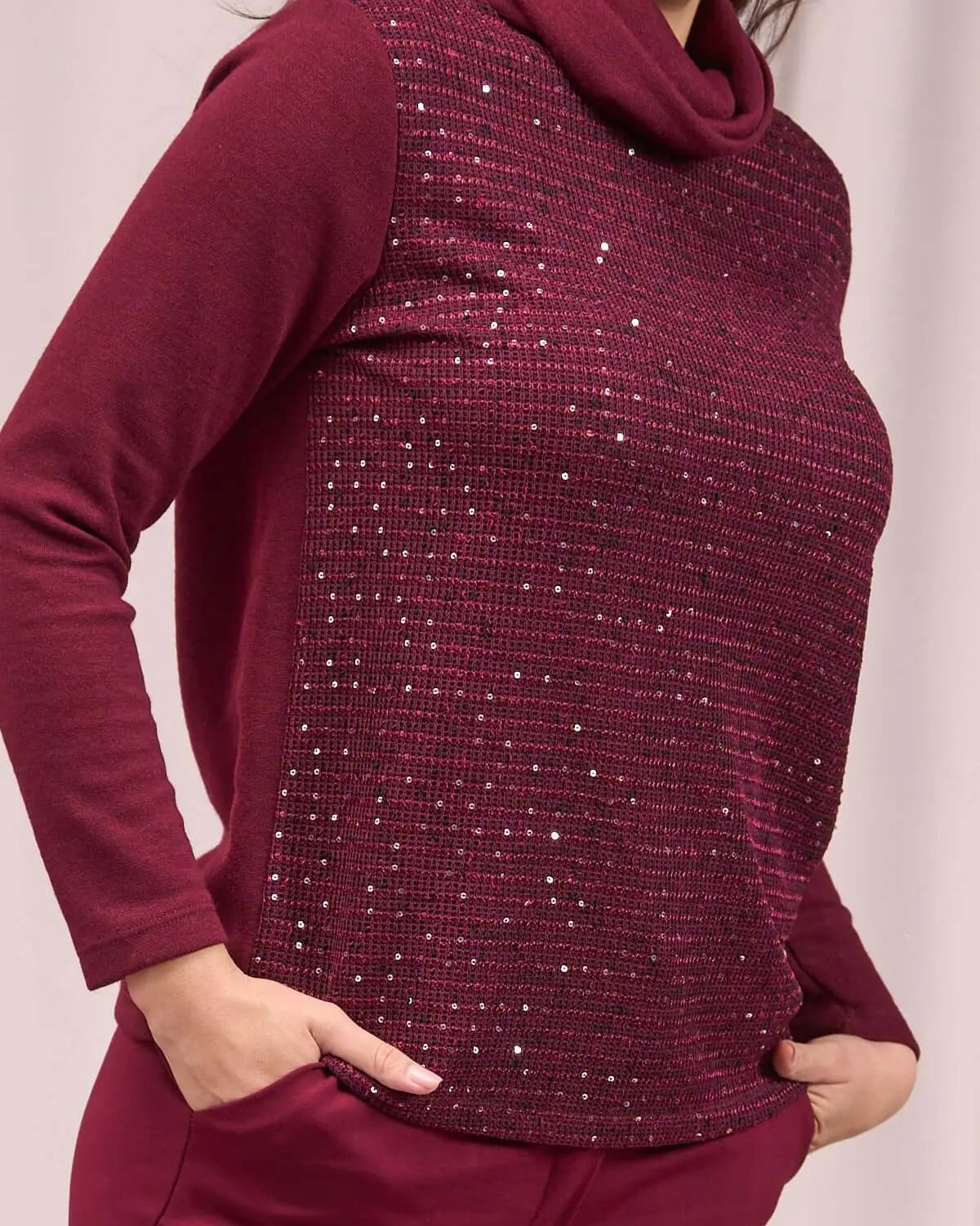 Maglia a collo alto con paillettes ricamate BORDEAUX DORABELLA