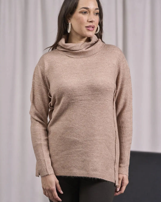 Maglia a collo alto risvoltato e spacchi CAMMELLO DORABELLA