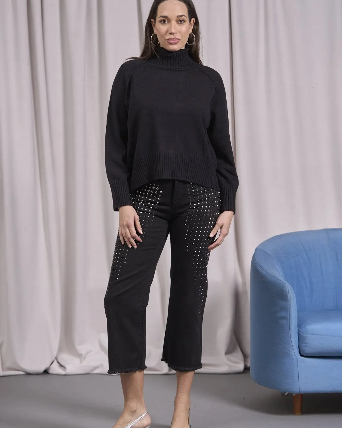 Maglia a collo alto, manica raglan e costine NERO IRONICA