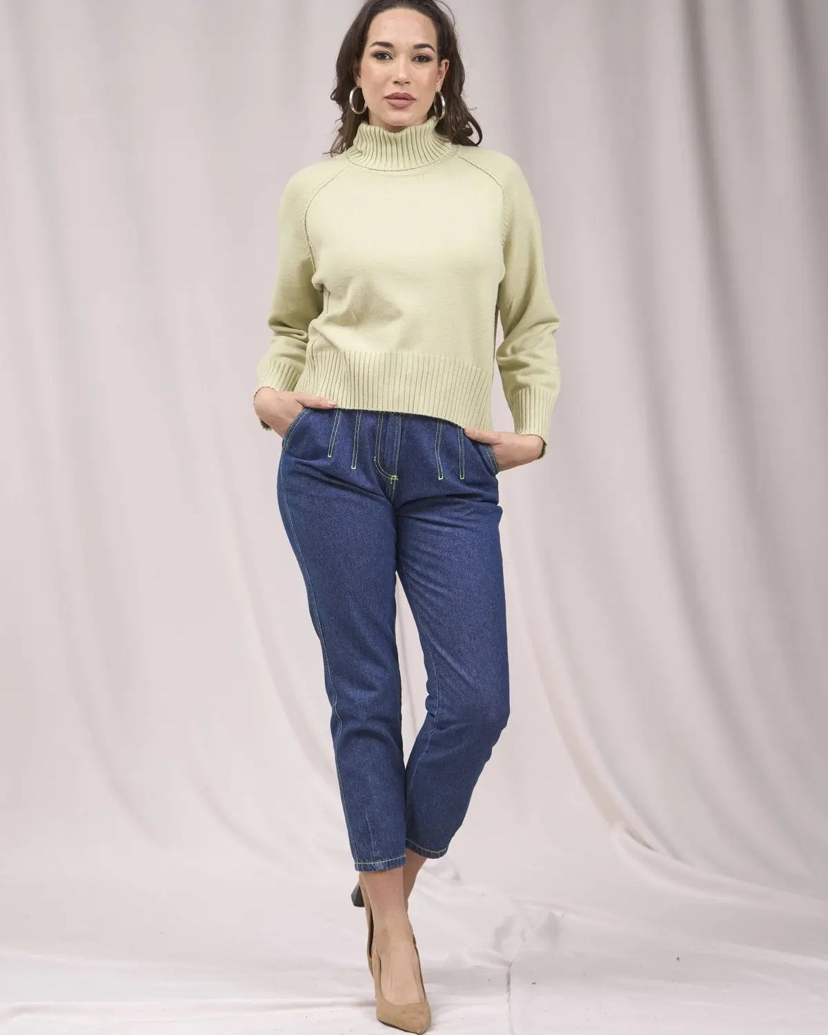 Maglia a collo alto, manica raglan e costine VERDE IRONICA