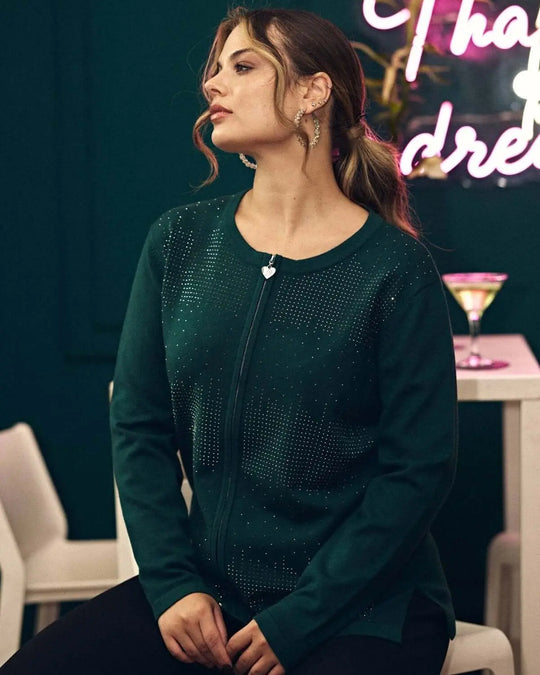 Maglia a girocollo con zip e strass frontali FORESTA DORABELLA PIU' XXXL