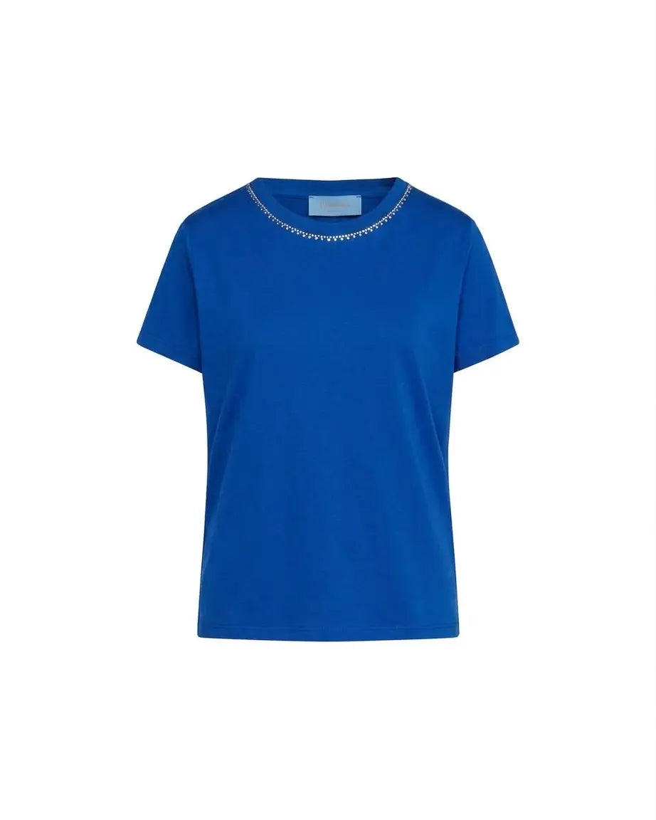 Maglia a maniche corte in filato di cotone tinta unita con decorazioni di strass sullo scollo DORABELLA