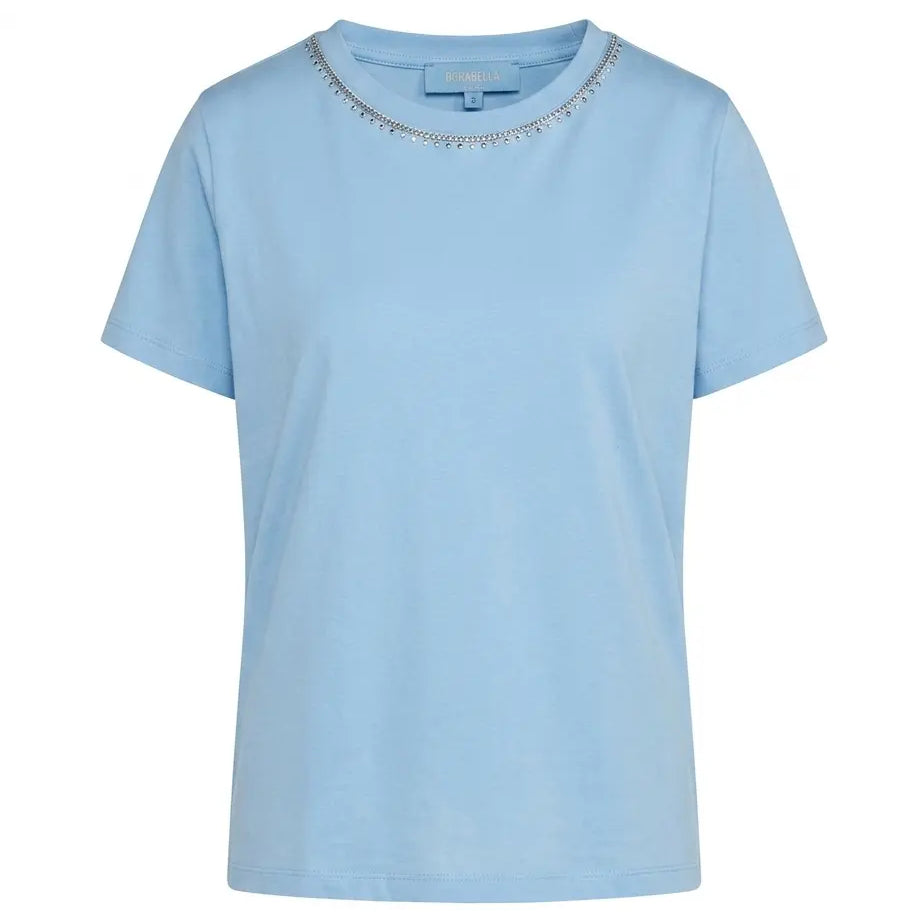 Maglia a maniche corte in filato di cotone tinta unita con decorazioni di strass sullo scollo DORABELLA