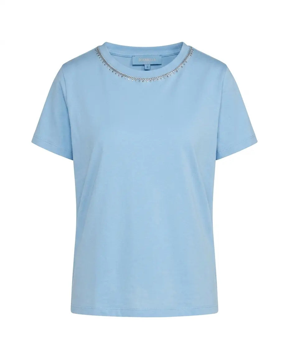 Maglia a maniche corte in filato di cotone tinta unita con decorazioni di strass sullo scollo DORABELLA