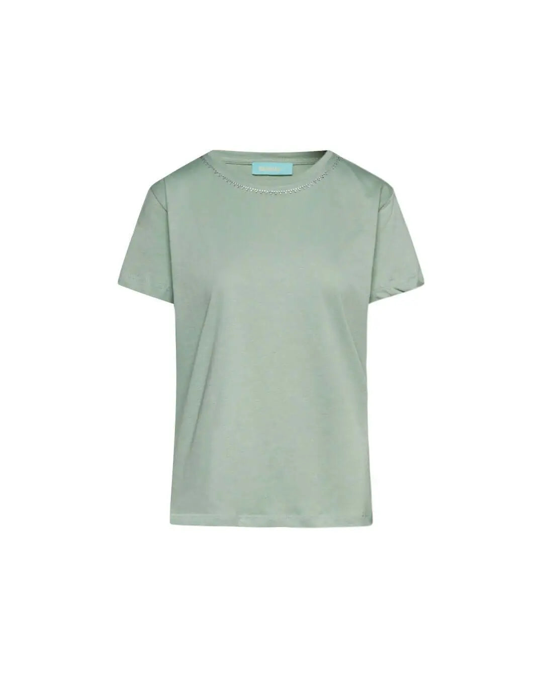 Maglia a maniche corte in filato di cotone tinta unita con decorazioni di strass sullo scollo. MENTA DORABELLA