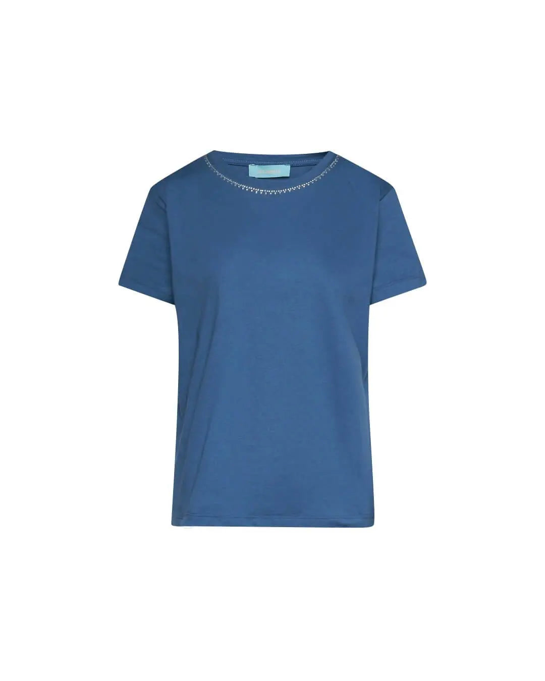 Maglia a maniche corte in filato di cotone tinta unita con decorazioni di strass sullo scollo. POLVERE DORABELLA
