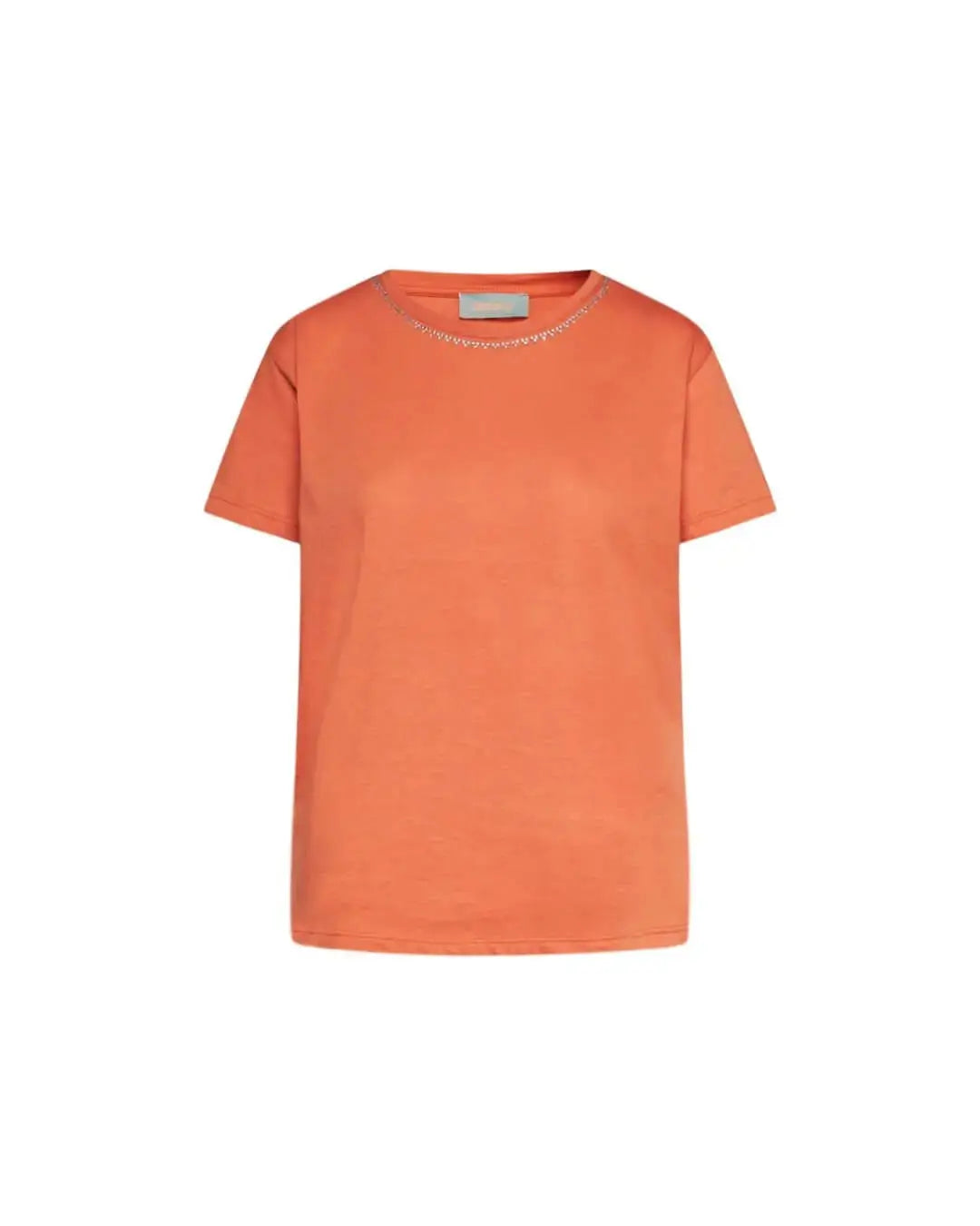 Maglia a maniche corte in filato di cotone tinta unita con decorazioni di strass sullo scollo. SALMONE DORABELLA