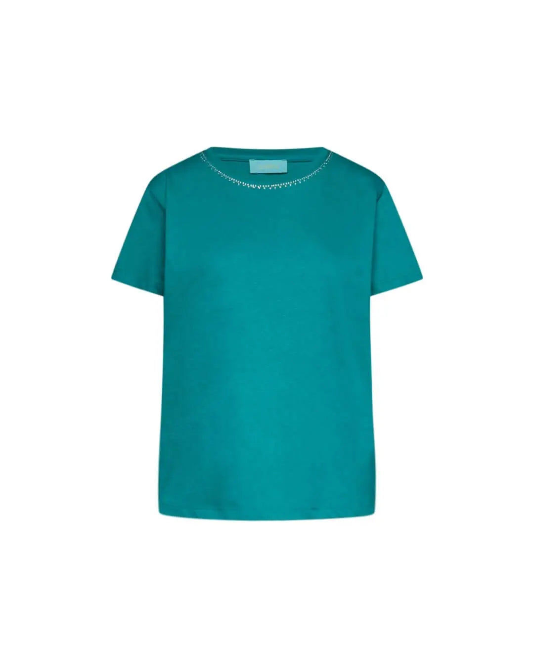 Maglia a maniche corte in filato di cotone tinta unita con decorazioni di strass sullo scollo. VERDE BANDIERA DORABELLA
