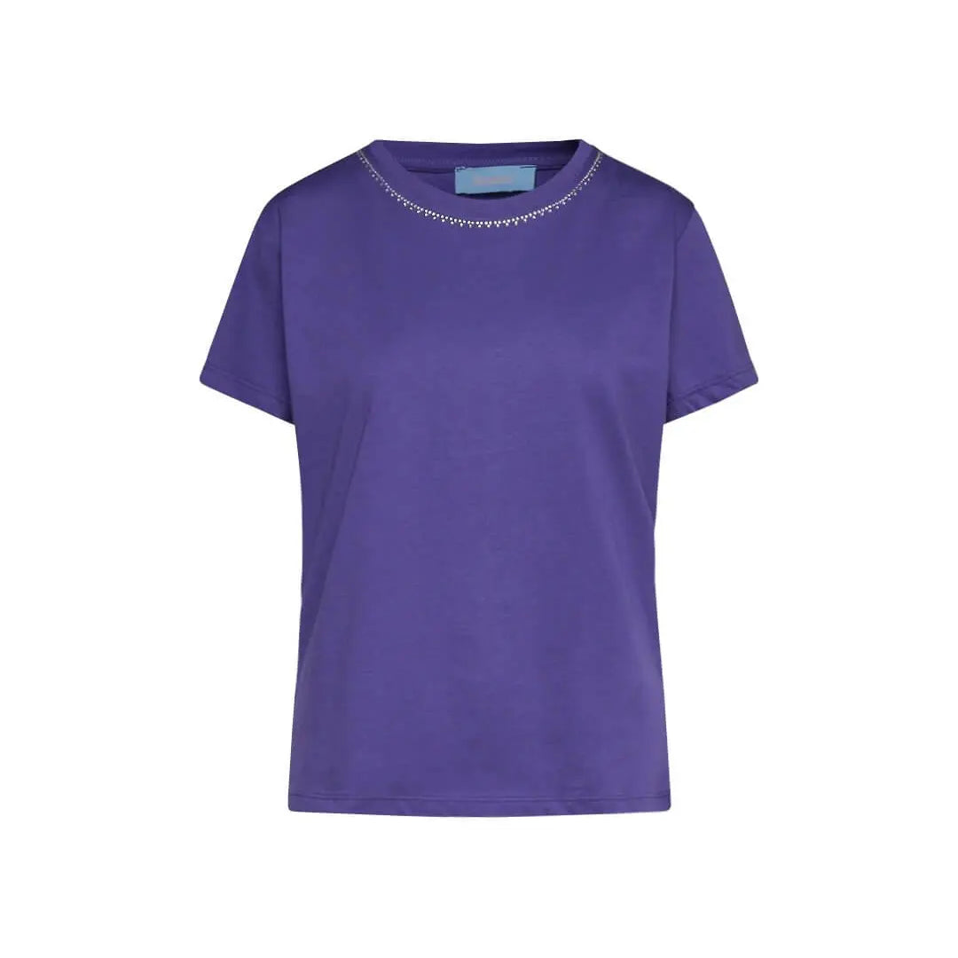 Maglia a maniche corte in filato di cotone tinta unita con decorazioni di strass sullo scollo. VIOLA DORABELLA