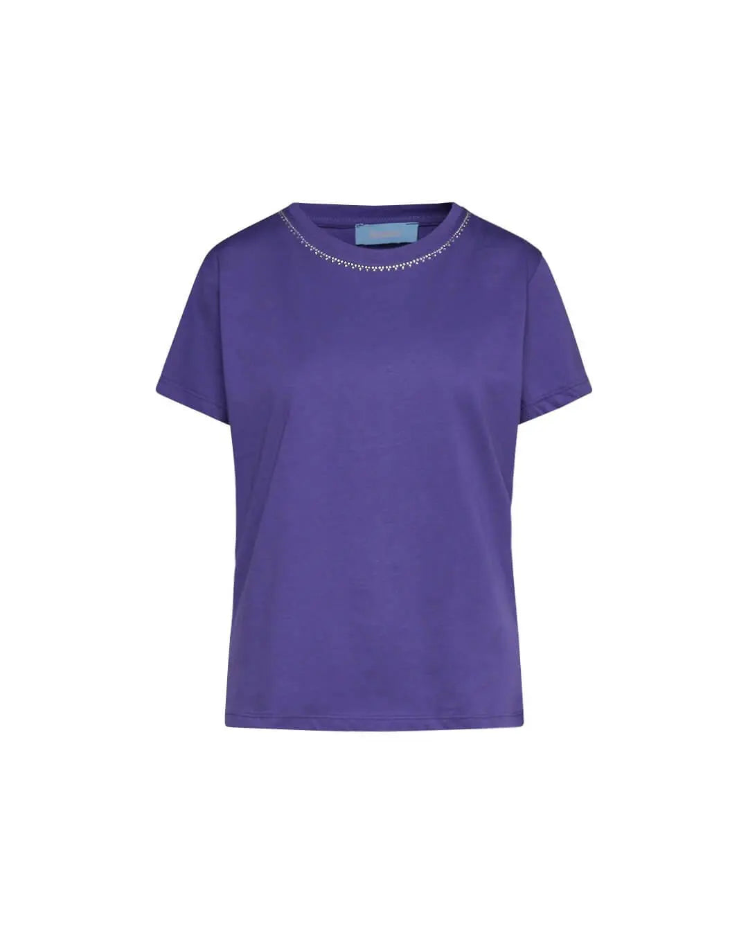 Maglia a maniche corte in filato di cotone tinta unita con decorazioni di strass sullo scollo. VIOLA DORABELLA