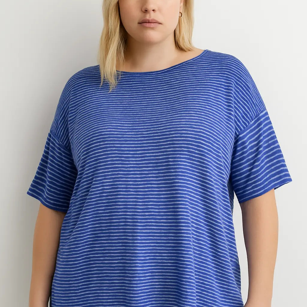 Maglia a maniche corte in filato di lino fiammato e rigato tinta unita. BLUE NAVY IRONICA