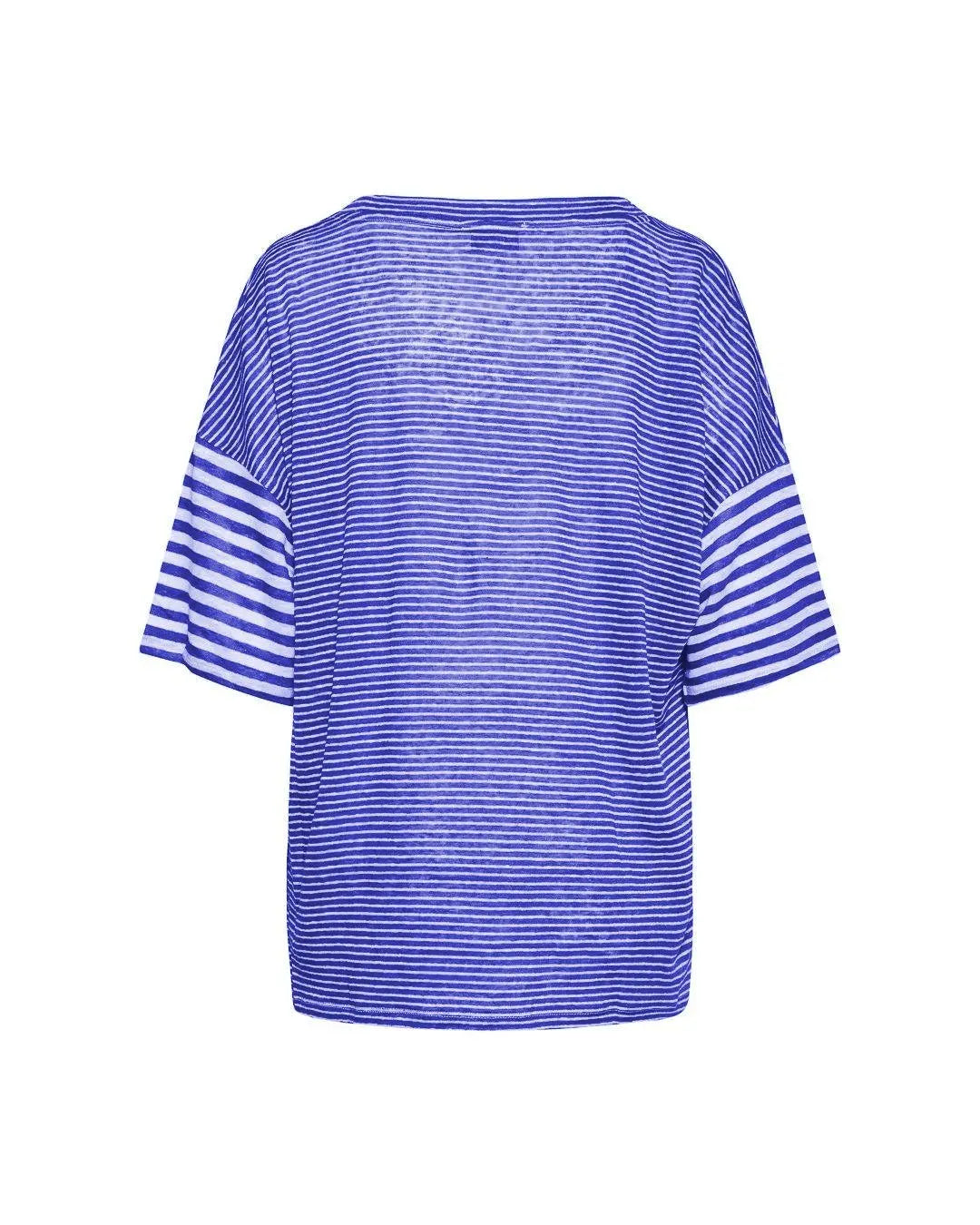 Maglia a maniche corte in filato di lino fiammato e rigato tinta unita. BLUE NAVY IRONICA